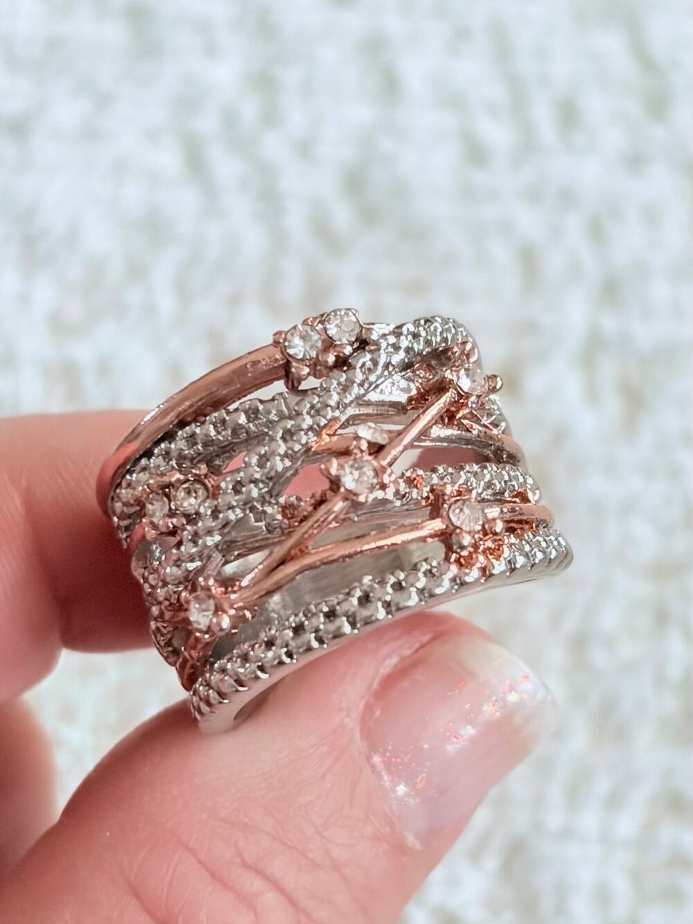 Silver and Rose Gold with Crystals Ring Size 7.5 New